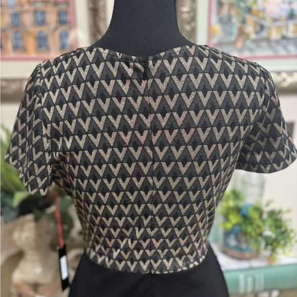 BAR 111 BLACK FITTED BODYCON GOLD METALLIC ART DECO SHORT SLEEVE DRESS SZ LARGE - Picture 6 of 9